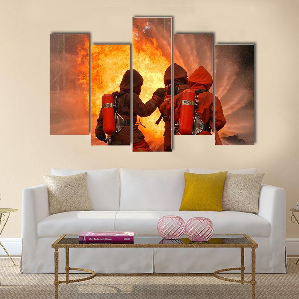 Firefighters In Action Canvas Wall Art-5 Pop-Gallery Wrap-47" x 32"-Tiaracle