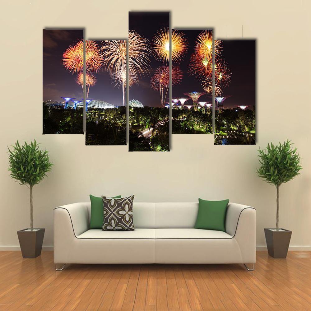 Firework Over Gardens Canvas Wall Art-5 Pop-Gallery Wrap-47" x 32"-Tiaracle