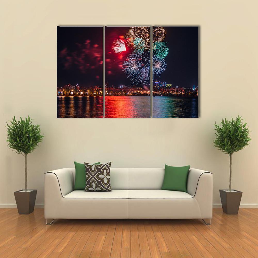 Firework Over Voronezh River Canvas Wall Art-3 Horizontal-Gallery Wrap-37" x 24"-Tiaracle