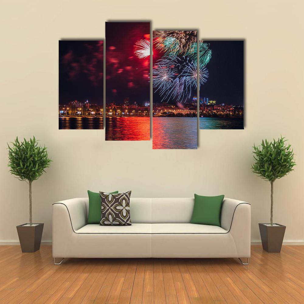 Firework Over Voronezh River Canvas Wall Art-3 Horizontal-Gallery Wrap-37" x 24"-Tiaracle