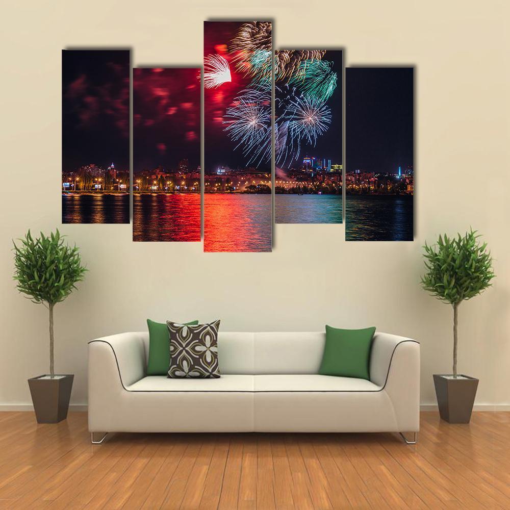 Firework Over Voronezh River Canvas Wall Art-5 Pop-Gallery Wrap-47" x 32"-Tiaracle