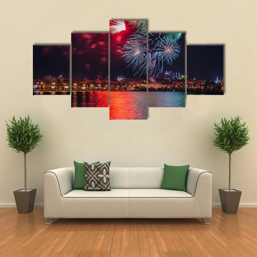 Firework Over Voronezh River Canvas Wall Art-5 Star-Gallery Wrap-62" x 32"-Tiaracle