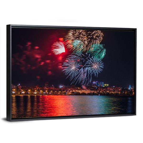 Firework Over Voronezh River Canvas Wall Art-3 Horizontal-Gallery Wrap-25" x 16"-Tiaracle