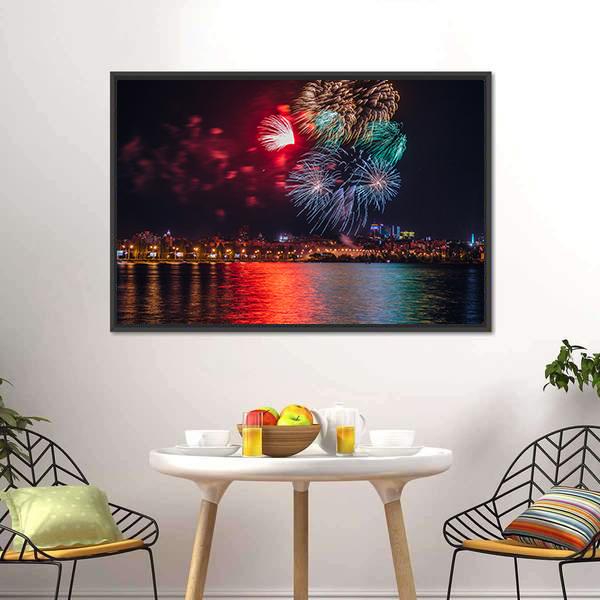 Firework Over Voronezh River Canvas Wall Art-3 Horizontal-Gallery Wrap-25" x 16"-Tiaracle