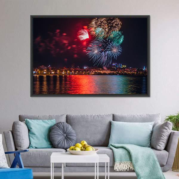 Firework Over Voronezh River Canvas Wall Art-3 Horizontal-Gallery Wrap-25" x 16"-Tiaracle