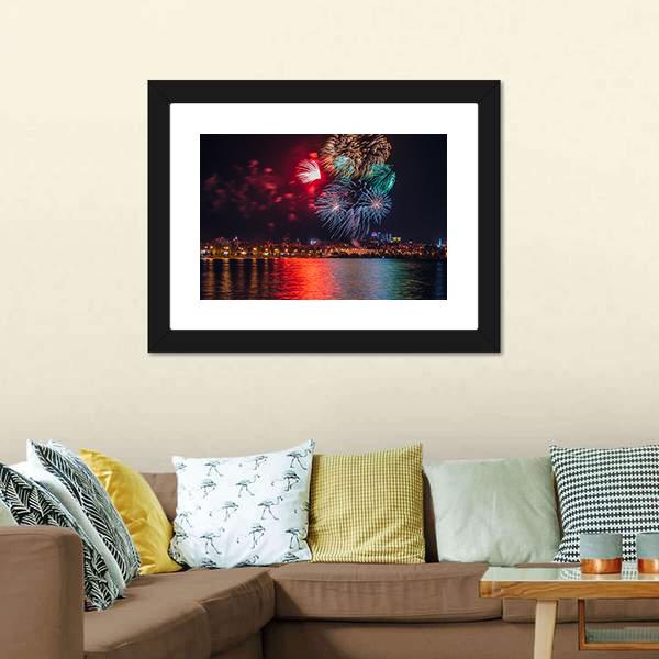 Firework Over Voronezh River Canvas Wall Art-3 Horizontal-Gallery Wrap-25" x 16"-Tiaracle