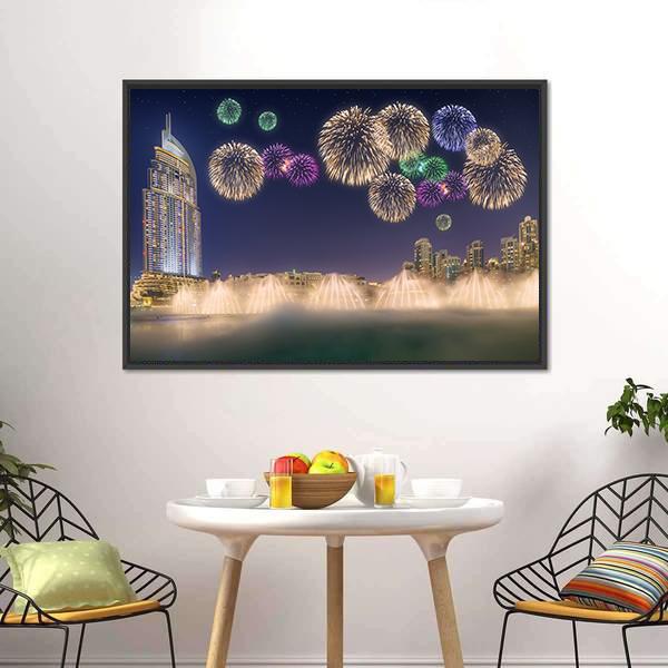 Fireworks Above Dancing Fountain Canvas Wall Art-5 Horizontal-Gallery Wrap-22" x 12"-Tiaracle