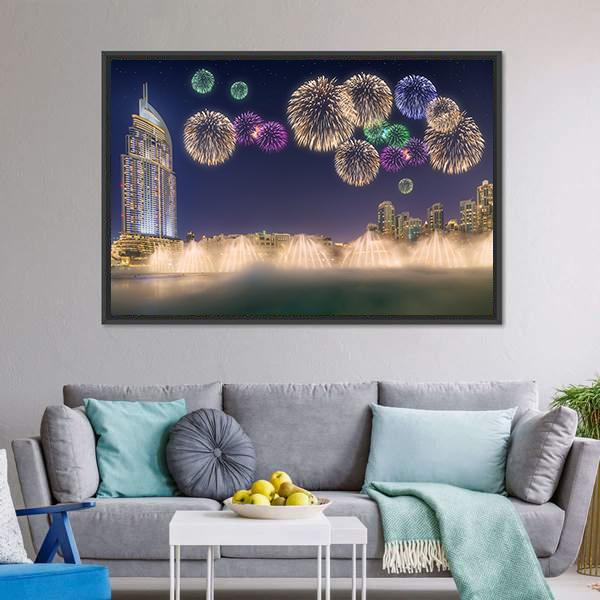 Fireworks Above Dancing Fountain Canvas Wall Art-5 Horizontal-Gallery Wrap-22" x 12"-Tiaracle