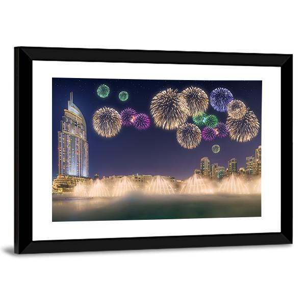 Fireworks Above Dancing Fountain Canvas Wall Art-5 Horizontal-Gallery Wrap-22" x 12"-Tiaracle
