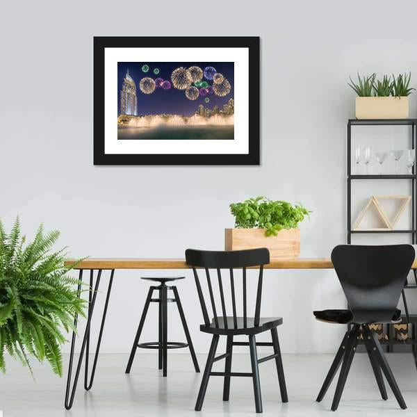 Fireworks Above Dancing Fountain Canvas Wall Art-5 Horizontal-Gallery Wrap-22" x 12"-Tiaracle