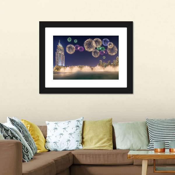 Fireworks Above Dancing Fountain Canvas Wall Art-5 Horizontal-Gallery Wrap-22" x 12"-Tiaracle