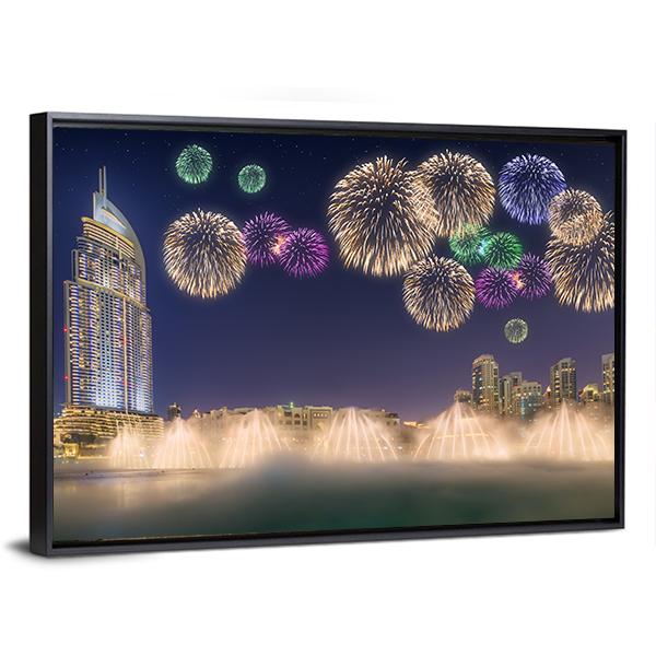 Fireworks Above Dancing Fountain Canvas Wall Art-5 Horizontal-Gallery Wrap-22" x 12"-Tiaracle