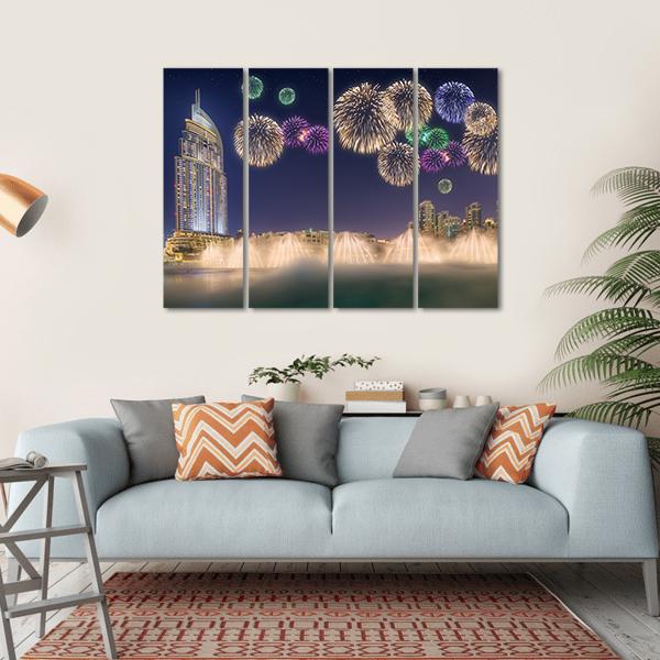 Fireworks Above Dancing Fountain Canvas Wall Art-4 Horizontal-Gallery Wrap-34" x 24"-Tiaracle