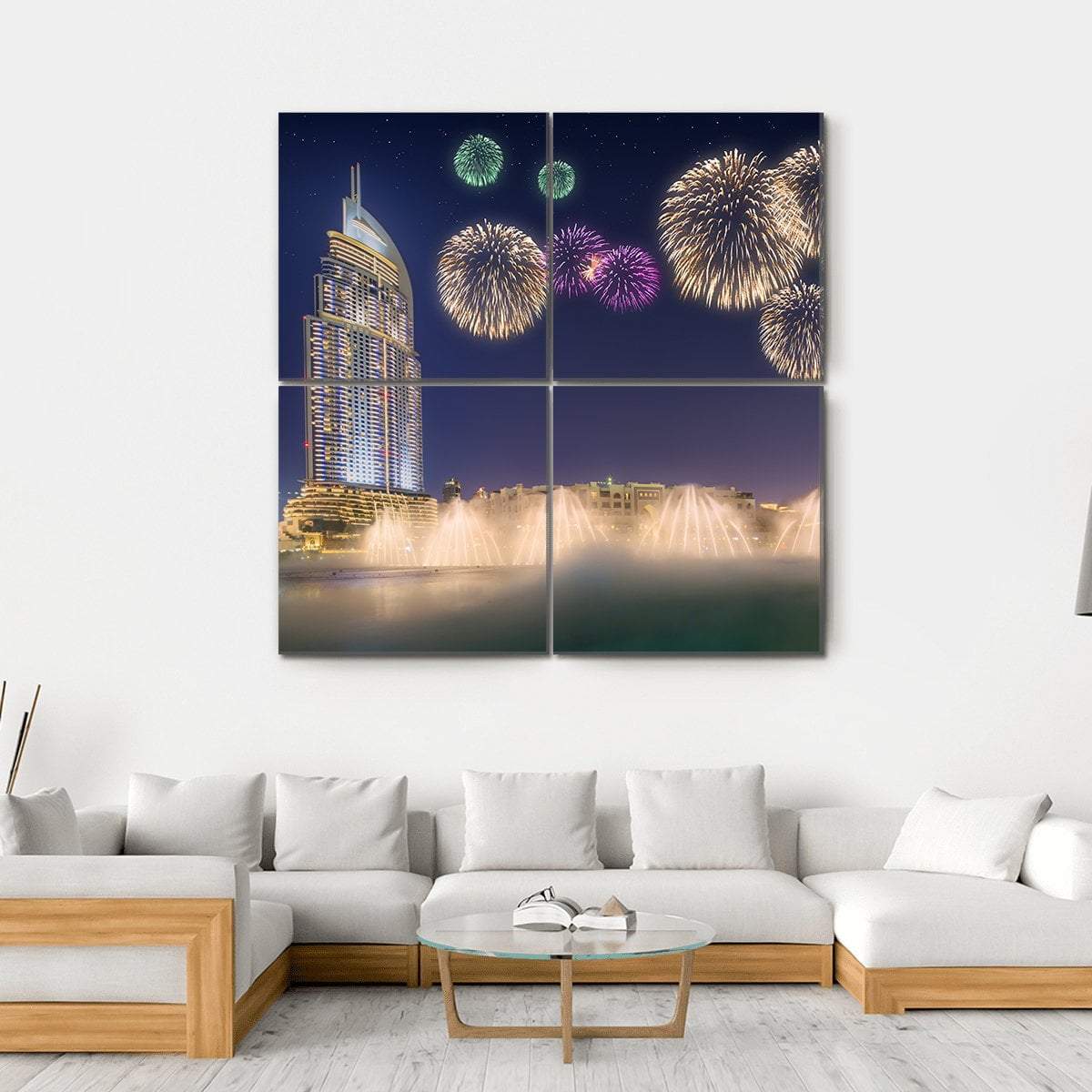 Fireworks Above Dancing Fountain Canvas Wall Art-4 Square-Gallery Wrap-17" x 17"-Tiaracle