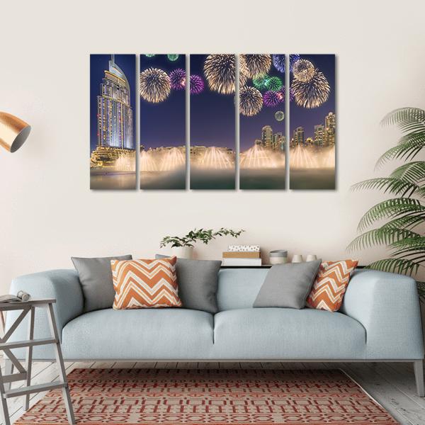 Fireworks Above Dancing Fountain Canvas Wall Art-5 Horizontal-Gallery Wrap-22" x 12"-Tiaracle