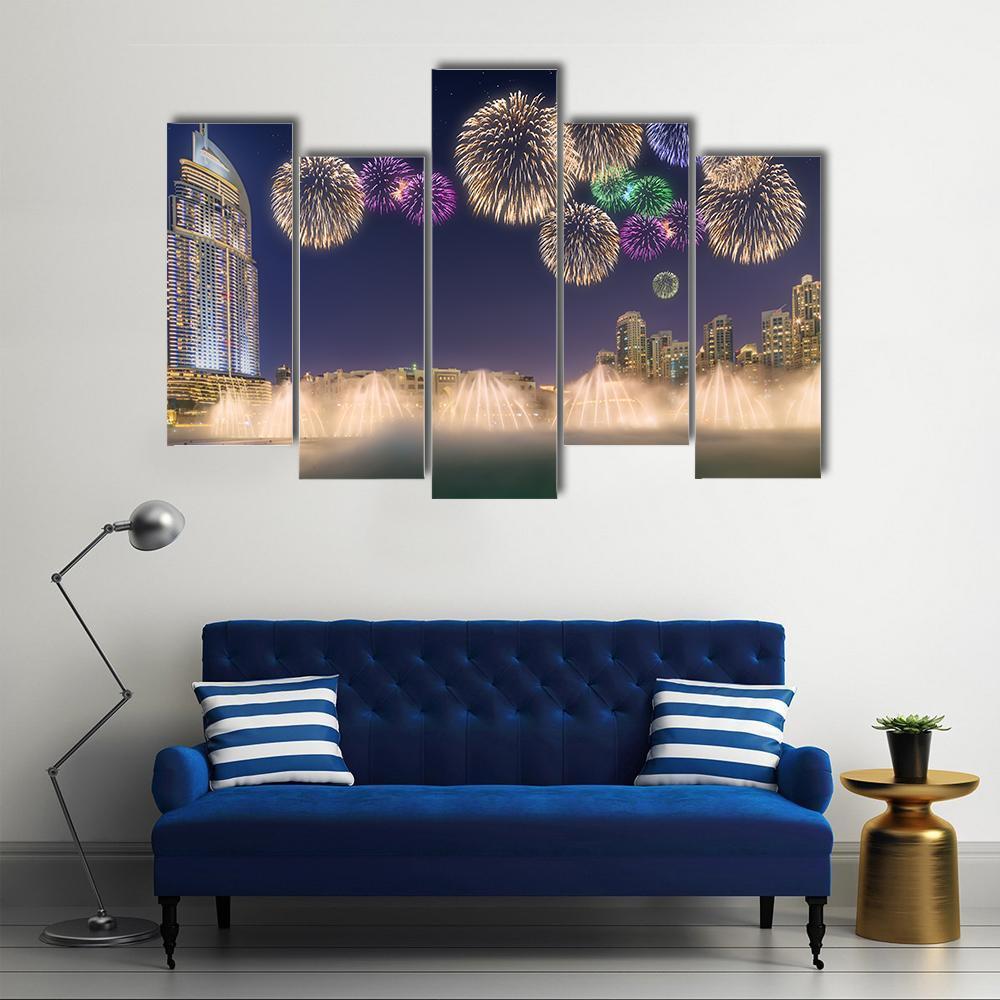 Fireworks Above Dancing Fountain Canvas Wall Art-3 Horizontal-Gallery Wrap-37" x 24"-Tiaracle