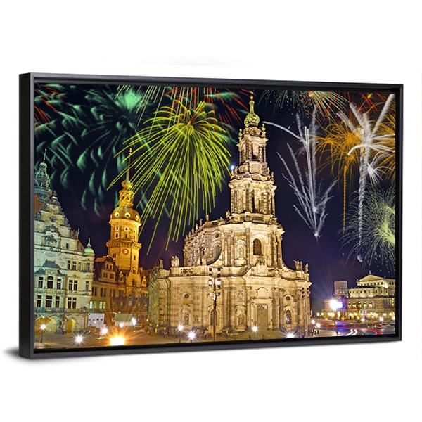 Fireworks In Dresden Canvas Wall Art-3 Horizontal-Gallery Wrap-25" x 16"-Tiaracle