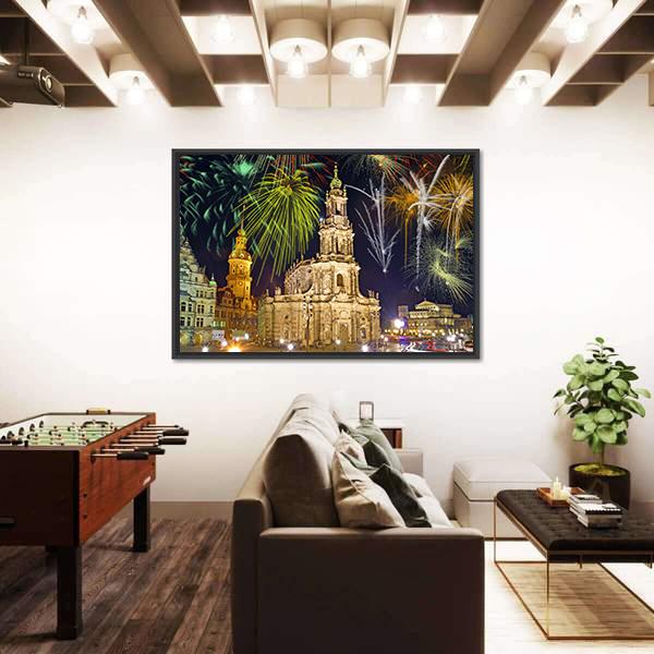Fireworks In Dresden Canvas Wall Art-3 Horizontal-Gallery Wrap-25" x 16"-Tiaracle