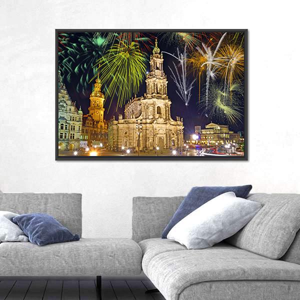 Fireworks In Dresden Canvas Wall Art-3 Horizontal-Gallery Wrap-25" x 16"-Tiaracle