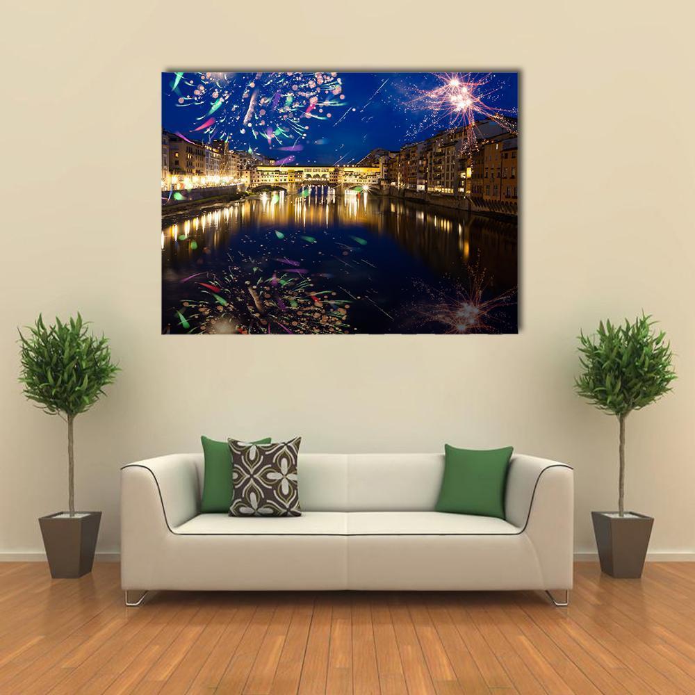 Fireworks On River Arno Canvas Wall Art-4 Horizontal-Gallery Wrap-34" x 24"-Tiaracle