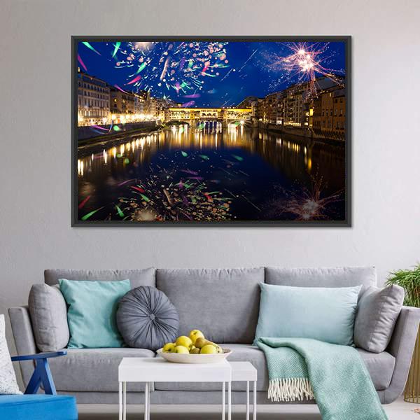 Fireworks On River Arno Canvas Wall Art-5 Horizontal-Gallery Wrap-22" x 12"-Tiaracle