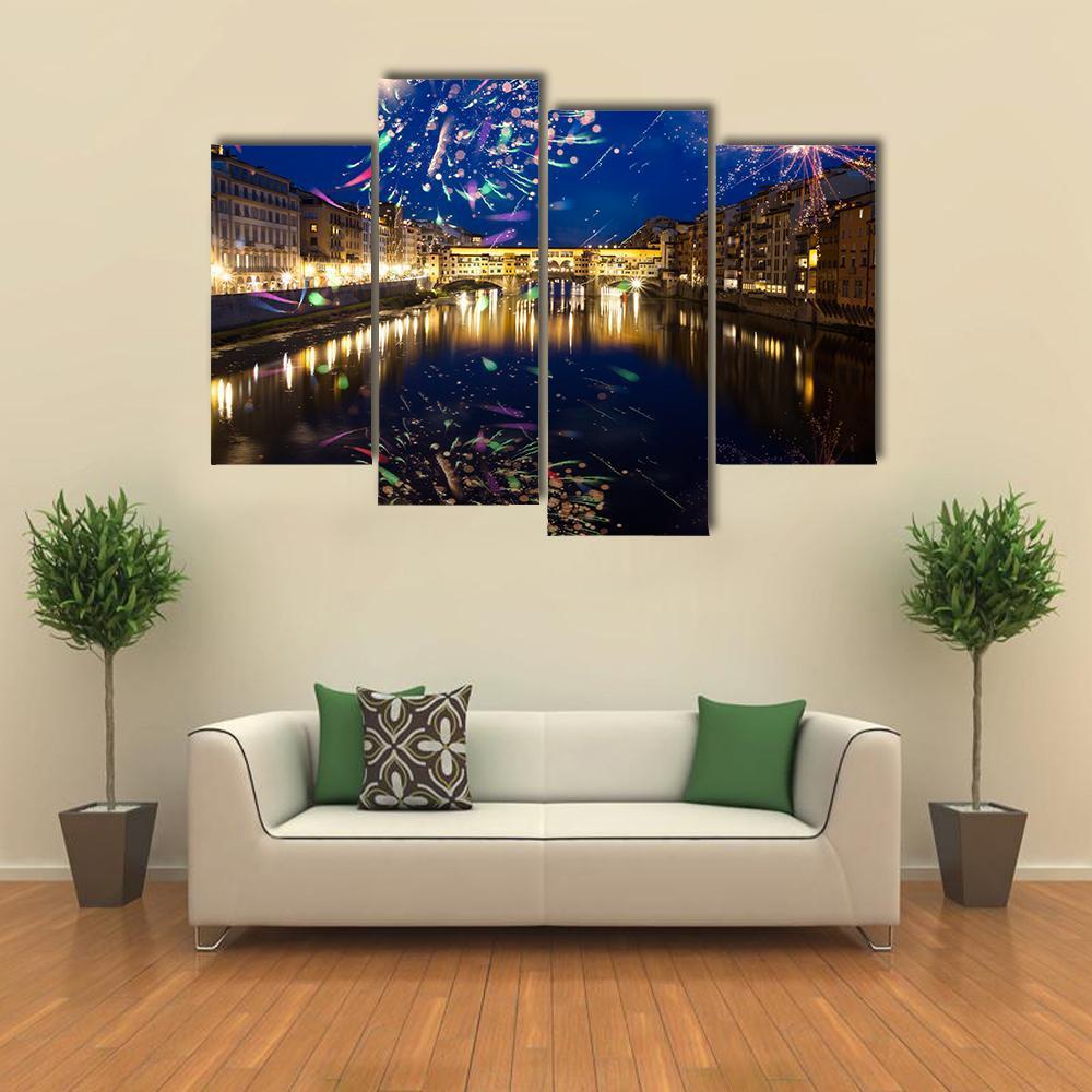 Fireworks On River Arno Canvas Wall Art-4 Pop-Gallery Wrap-50" x 32"-Tiaracle