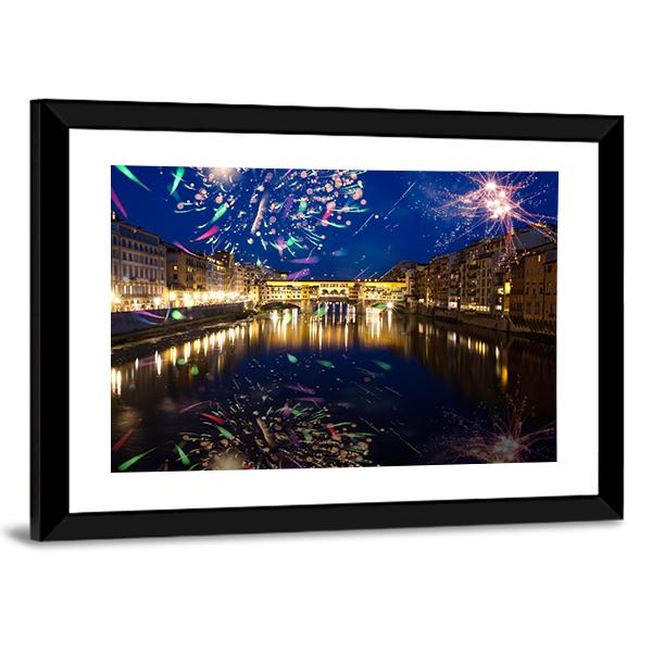 Fireworks On River Arno Canvas Wall Art-3 Horizontal-Gallery Wrap-25" x 16"-Tiaracle