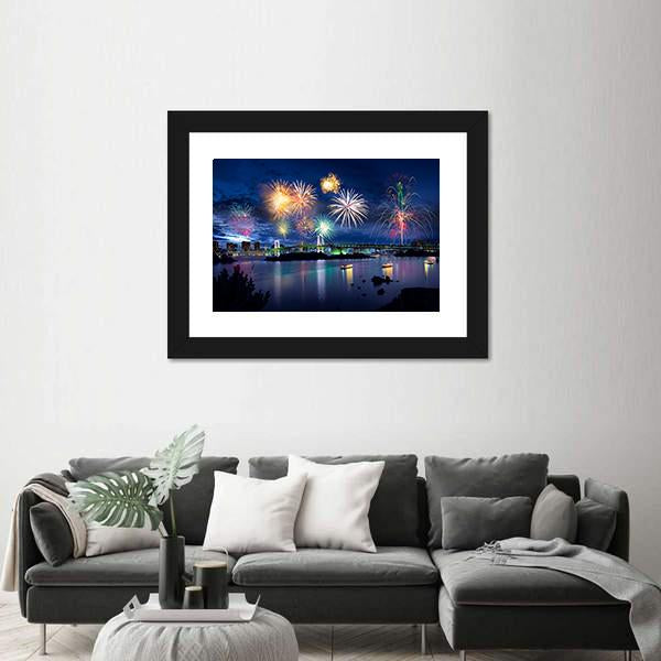 Fireworks On Tokyo Bay Canvas Wall Art-1 Piece-Framed Print-20" x 16"-Tiaracle