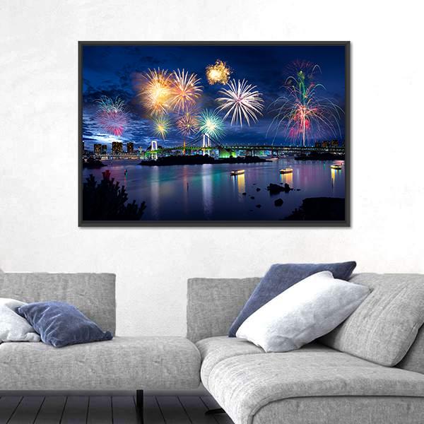 Fireworks On Tokyo Bay Canvas Wall Art-1 Piece-Floating Frame-24" x 16"-Tiaracle