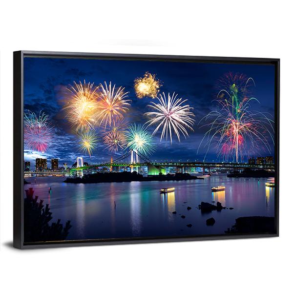 Fireworks On Tokyo Bay Canvas Wall Art-3 Horizontal-Gallery Wrap-25" x 16"-Tiaracle