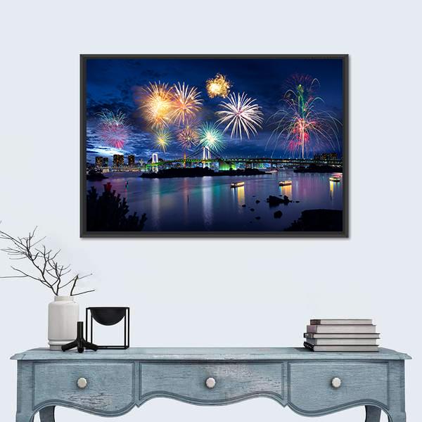 Fireworks On Tokyo Bay Canvas Wall Art-3 Horizontal-Gallery Wrap-25" x 16"-Tiaracle