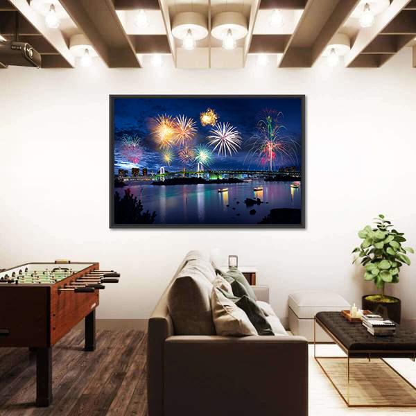 Fireworks On Tokyo Bay Canvas Wall Art-3 Horizontal-Gallery Wrap-25" x 16"-Tiaracle