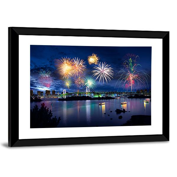Fireworks On Tokyo Bay Canvas Wall Art-3 Horizontal-Gallery Wrap-25" x 16"-Tiaracle