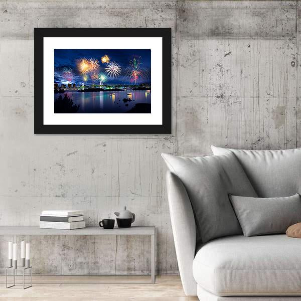Fireworks On Tokyo Bay Canvas Wall Art-3 Horizontal-Gallery Wrap-25" x 16"-Tiaracle