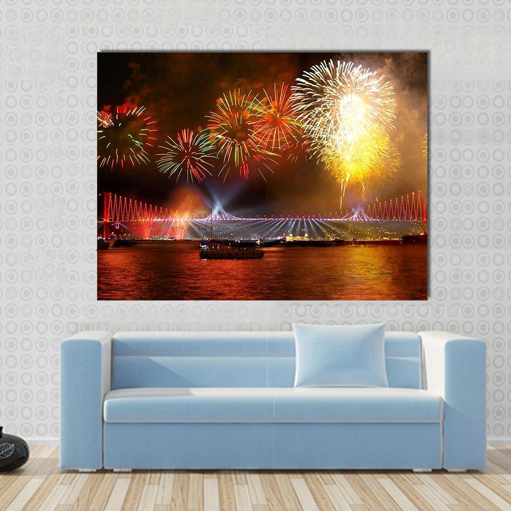 Fireworks Over Bosporus Bridge Canvas Wall Art in black, red and yellow, single panel hung on a wall