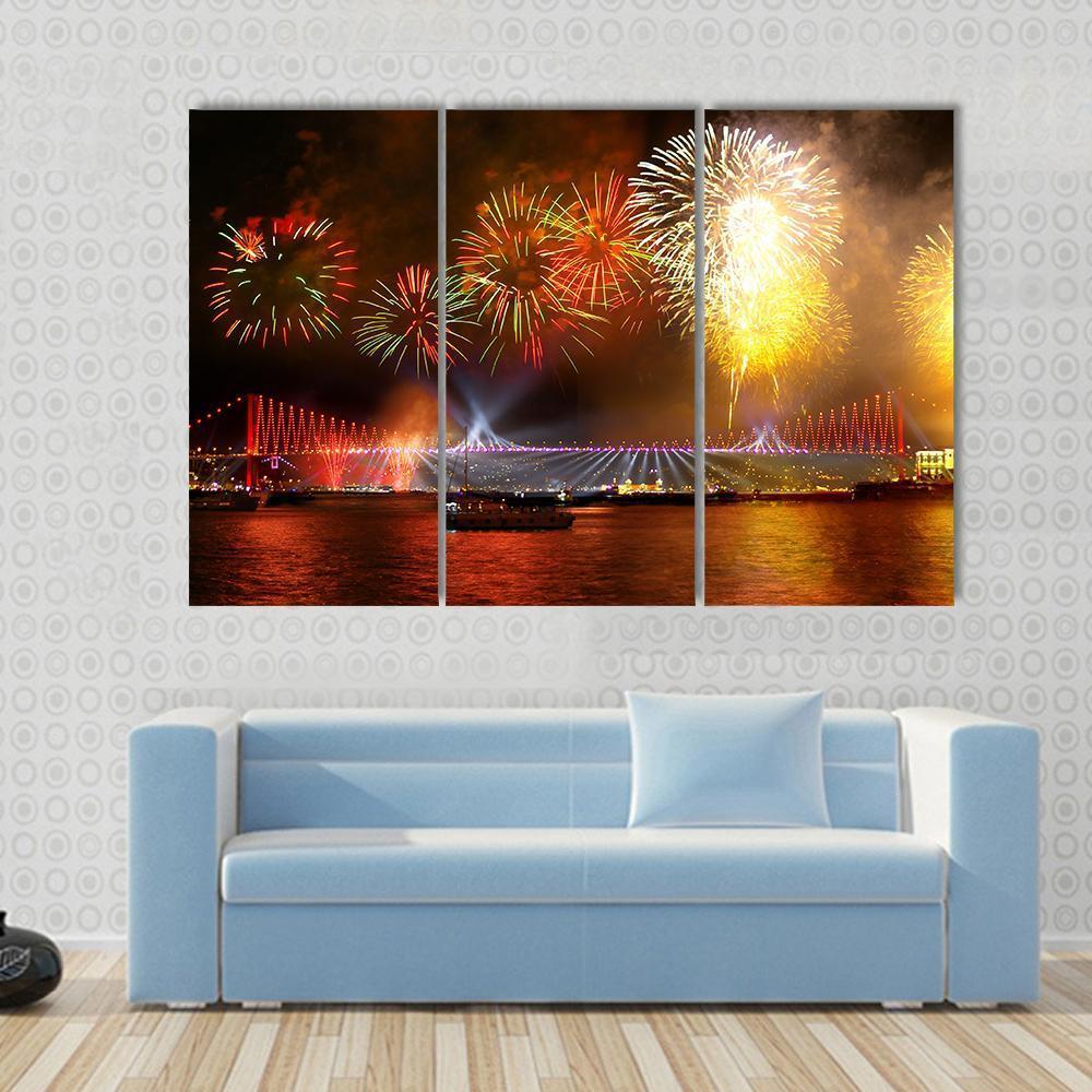 Fireworks Over Bosporus Bridge Canvas Wall Art-3 Horizontal-Gallery Wrap-37" x 24"-Tiaracle