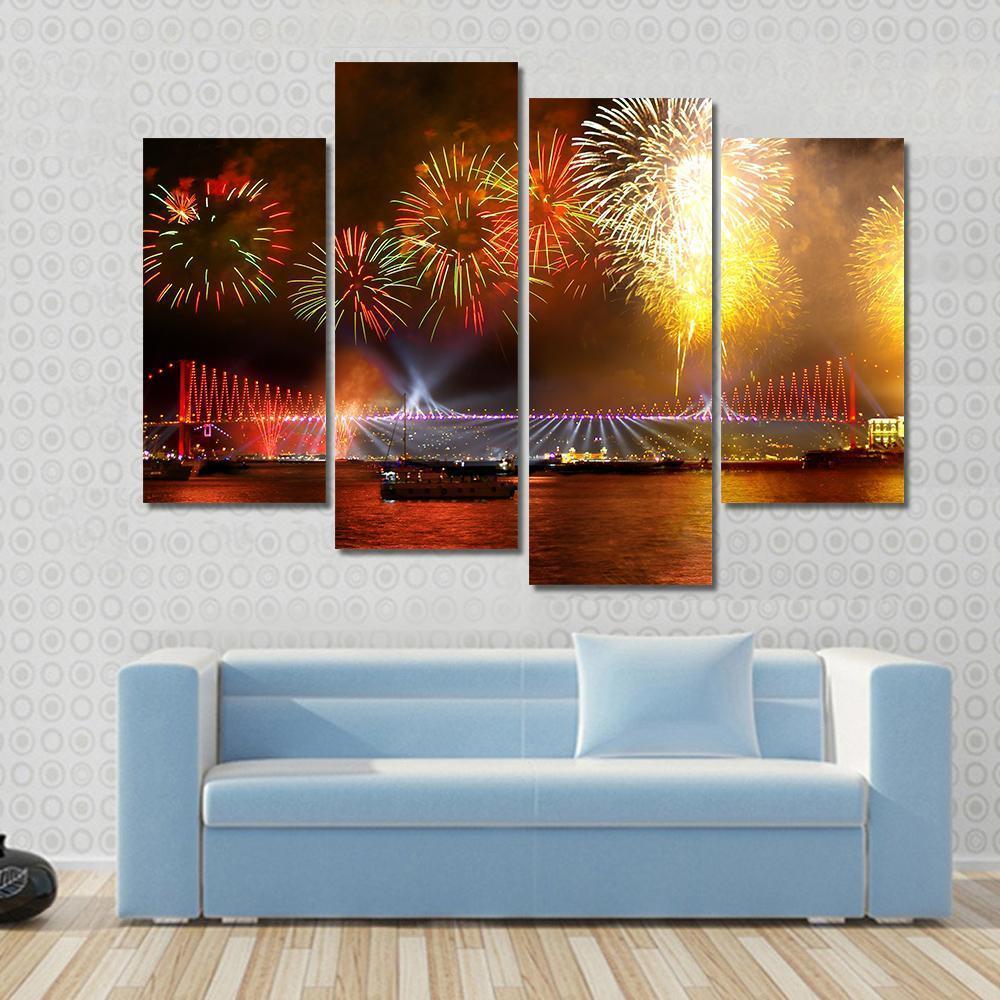 Fireworks Over Bosporus Bridge Canvas Wall Art-4 Pop-Gallery Wrap-50" x 32"-Tiaracle