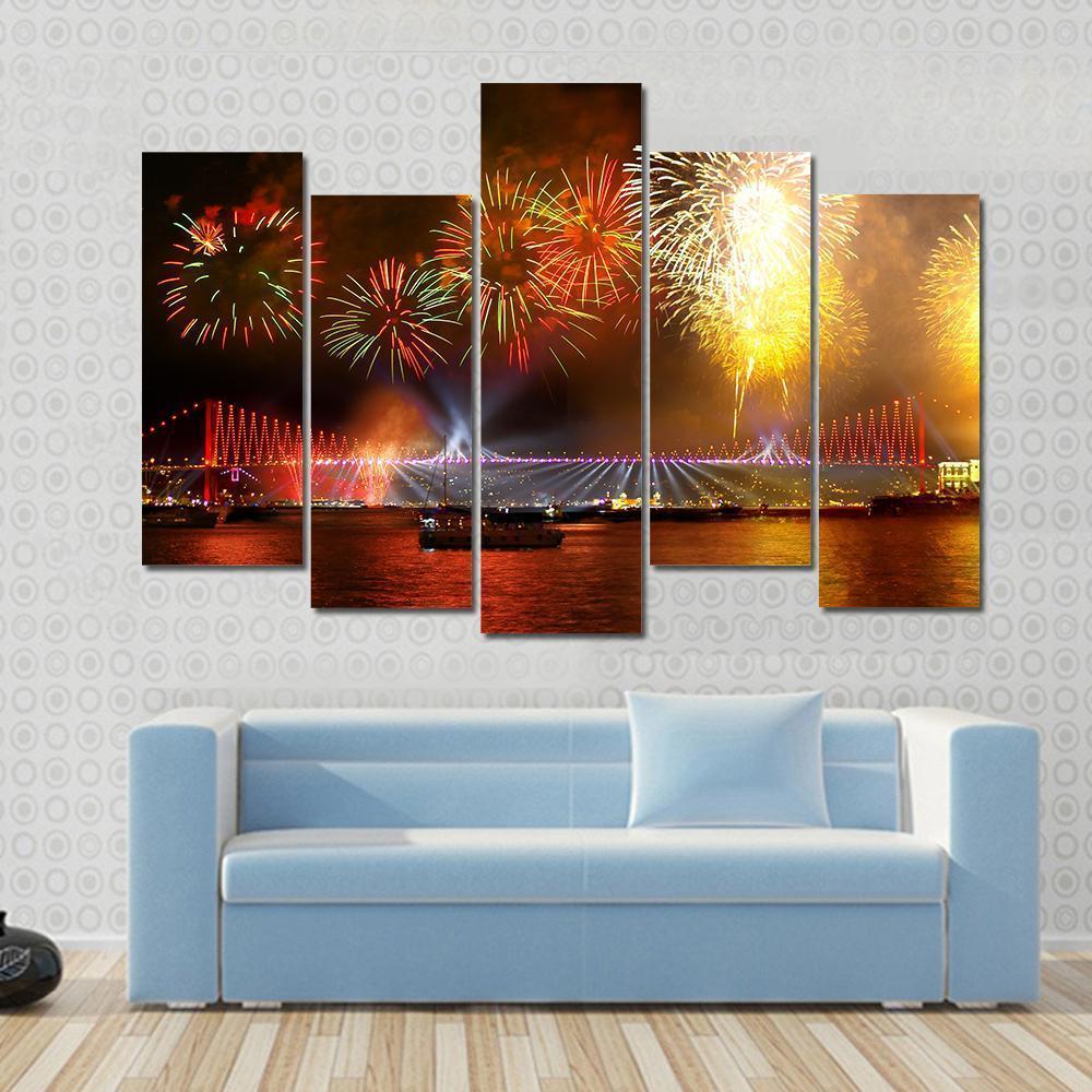 Fireworks Over Bosporus Bridge Canvas Wall Art-5 Pop-Gallery Wrap-47" x 32"-Tiaracle