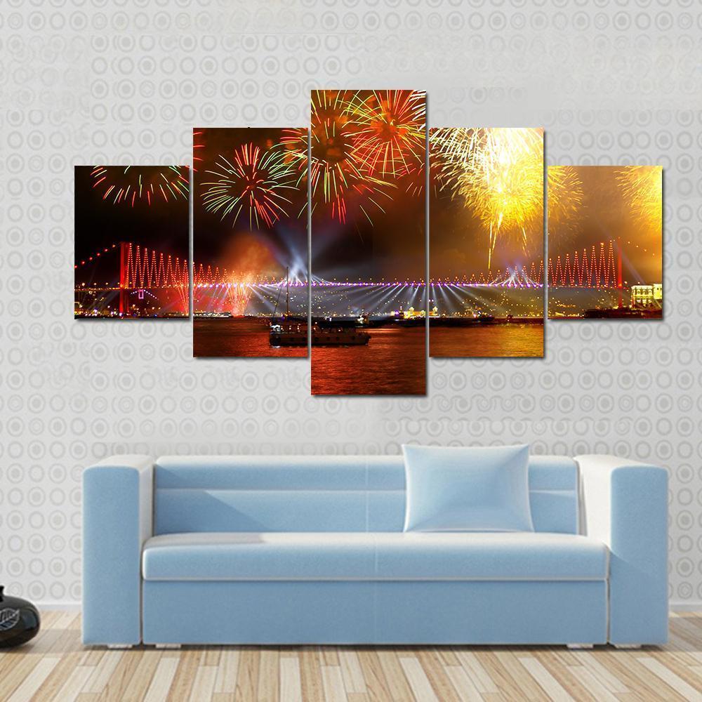 Fireworks Over Bosporus Bridge Canvas Wall Art-5 Star-Gallery Wrap-62" x 32"-Tiaracle