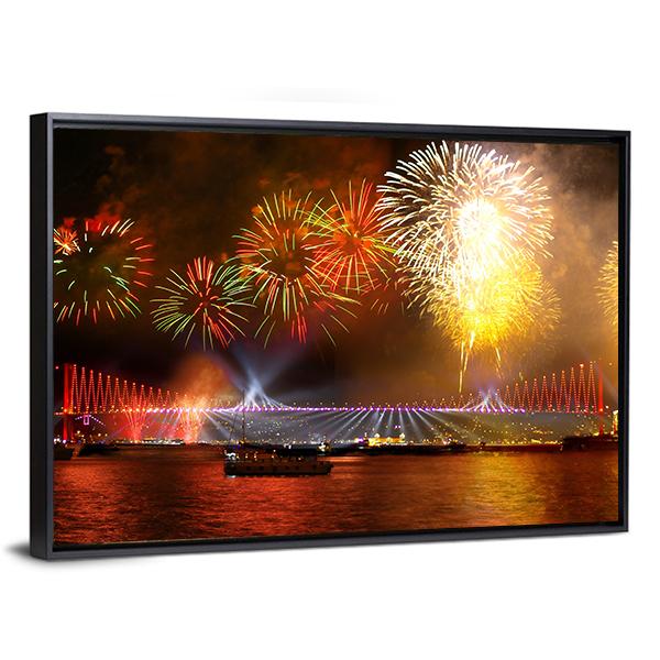 Fireworks Over Bosporus Bridge Canvas Wall Art-3 Horizontal-Gallery Wrap-25" x 16"-Tiaracle