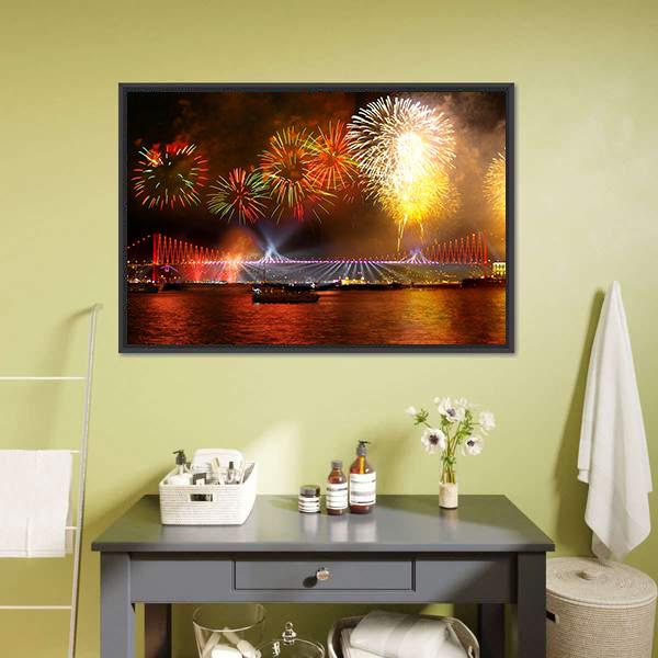 Fireworks Over Bosporus Bridge Canvas Wall Art-1 Piece-Floating Frame-24" x 16"-Tiaracle
