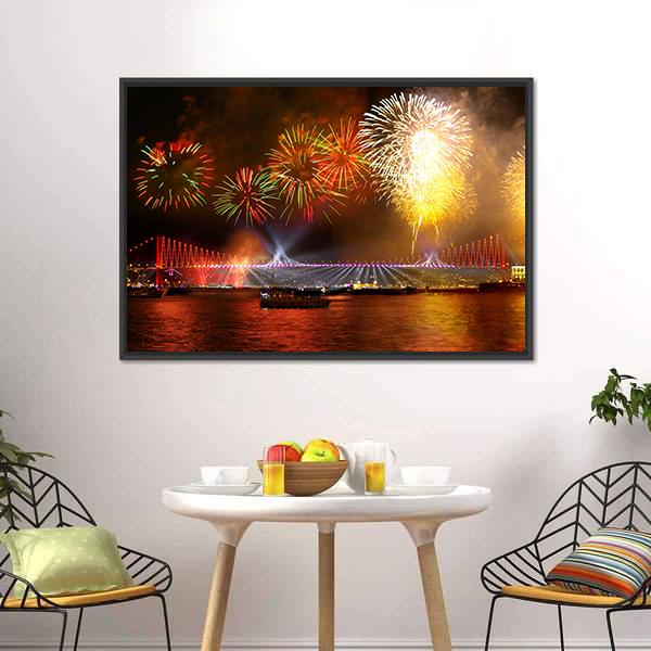 Fireworks Over Bosporus Bridge Canvas Wall Art-3 Horizontal-Gallery Wrap-25" x 16"-Tiaracle