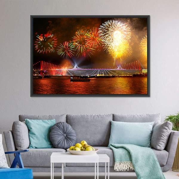 Fireworks Over Bosporus Bridge Canvas Wall Art-3 Horizontal-Gallery Wrap-25" x 16"-Tiaracle