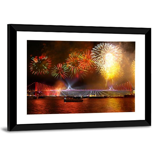 Fireworks Over Bosporus Bridge Canvas Wall Art-3 Horizontal-Gallery Wrap-25" x 16"-Tiaracle