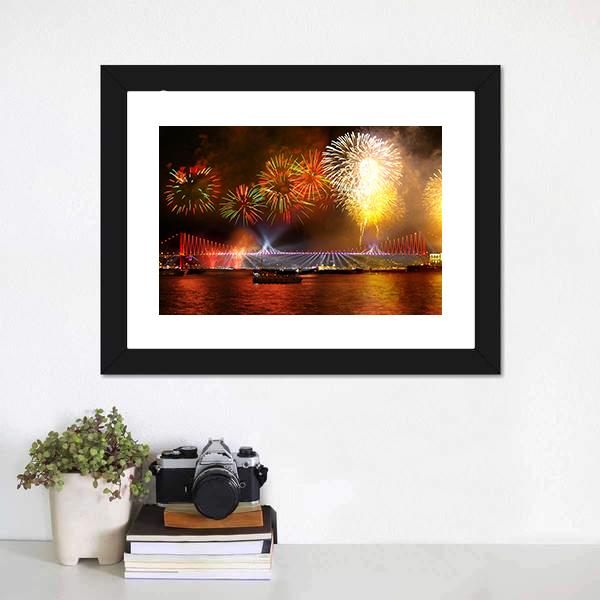 Fireworks Over Bosporus Bridge Canvas Wall Art-1 Piece-Framed Print-20" x 16"-Tiaracle