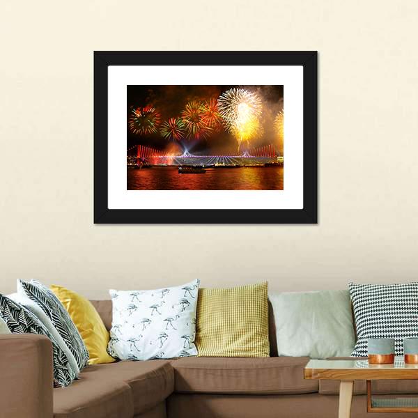 Fireworks Over Bosporus Bridge Canvas Wall Art-3 Horizontal-Gallery Wrap-25" x 16"-Tiaracle