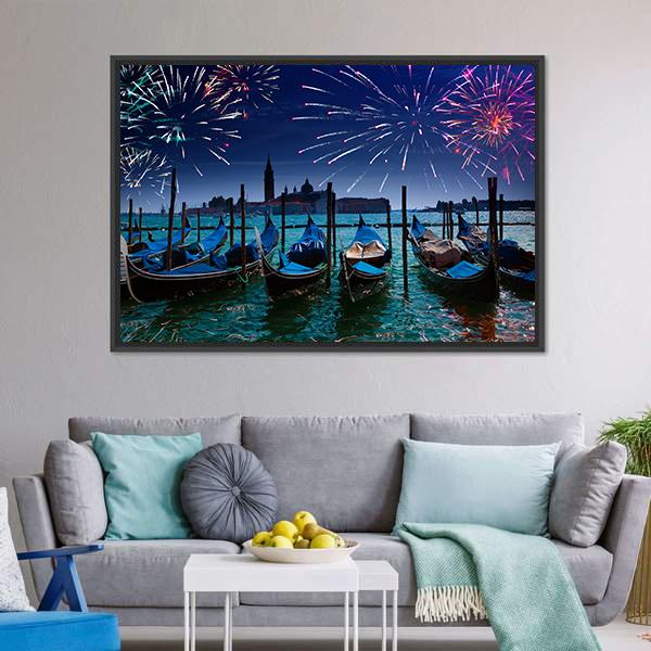 Fireworks Over Canal Canvas Wall Art-5 Horizontal-Gallery Wrap-22" x 12"-Tiaracle