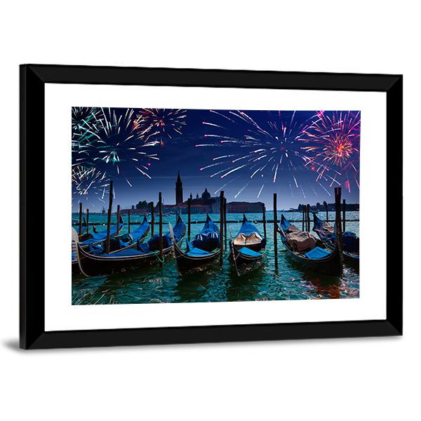 Fireworks Over Canal Canvas Wall Art-5 Horizontal-Gallery Wrap-22" x 12"-Tiaracle