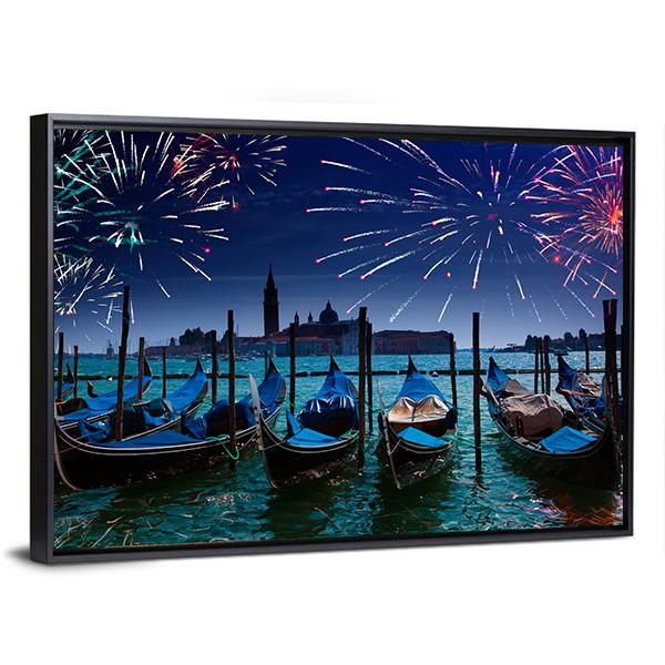 Fireworks Over Canal Canvas Wall Art-5 Horizontal-Gallery Wrap-22" x 12"-Tiaracle