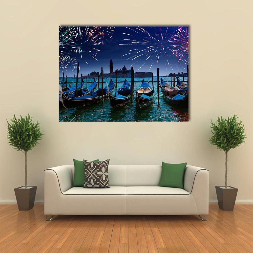 Fireworks Over Venetian Canal Canvas Wall Art in blue and navy, single panel hung on a wall